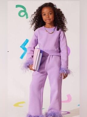 Lola and the boys Lilac Feather Cuff Girls Sweatshirt & Pants Set